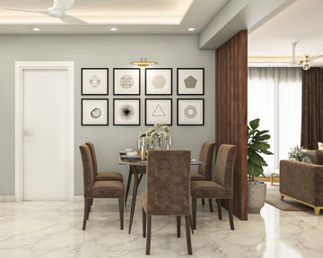Brown 5-Seater Dining Room Design With Wooden Partition